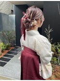 袴ヘアセット　袴ヘアアレンジ　振袖ヘア　ベロアリボン　水引