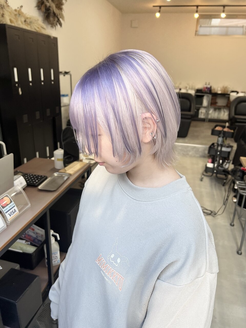 アンブレラカラー/ホワイトカラー/ラベンダーカラー/前髪カット