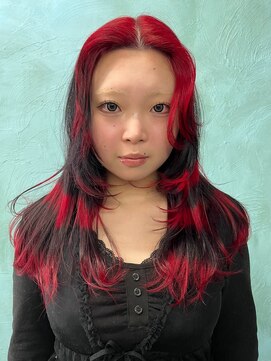 カー(KAH) デザインカラー　しましま　シマシマ　赤　黒　ブリーチ