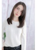 ナチュラル透明感かきあげバング黒髪ロングストレートc1