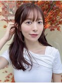 みきな赤髪赤茶色暖色系カラーぱっつん前髪韓国ヘアシースルー