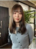 オリーブベージュ/セミロング/ぱっつん前髪/ゆる巻