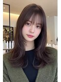 ミディアムレイヤー顔周りレイヤーココアブラウン韓国ヘア