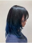 20代30代ブルーグラデーションシースルーバングレイヤーロング