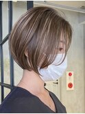 大人ショートボブグレージュカラーココアベージュカラー前髪あり