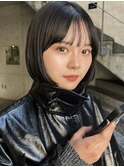 ＋切りっぱなしボブルフ／黒髪ネビージュ/小顔ワンレン縮毛矯正