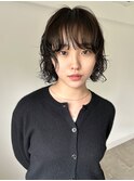 ボブパーマ　ゆるいウェーブ　オリーブカラー