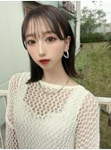 小顔薄めバンググレージュレイヤーロング前髪パーマ黒髪