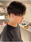 束感波巻きパーマツーブロックマッシュメンズカット