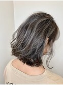 ハイライト×外はね×ぱっつんボブ×グレージュ