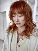 秋色オレンジミディアムレイヤーヘア