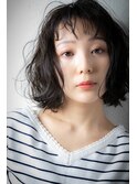 オン眉黒髪くびれミディアム外ハネボブパーマv越谷20代30代40代