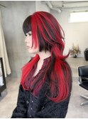 ◆赤髪ロングウルフレイヤーカットシャギーウルフロングウルフ