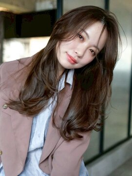 シオン(shion) オリーブベージュロング顔周りレイヤー韓国ヘア_F1506