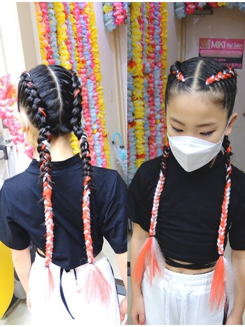 ヘアゴムエクステ ハートアレンジ カラフル 原宿系 アレンジヘア 派手 