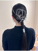 ヘアセット　大人シックなポニーテール水引アレンジ　お呼ばれ