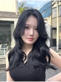 T247ブルーブラック韓国ヘア透明感レイヤーカット表参道ロング