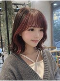 外ハネボブチェリーレッド似合わせ韓国レイヤーカット/三鷹