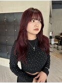 夏カラー赤カラーロングレイヤー韓国レイヤーレイヤーカット山中