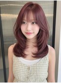 秋カラーブリーチなし透明感ピンクブラウンハッシュカットp志木