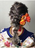 成人式　着付　ヘアセット　編みおろし　ハイトーン　