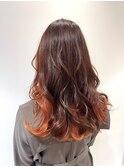 オレンジブラウン×アプリコットオレンジウェーブ巻きロングヘア