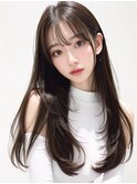 レイヤーロングボブルフ黒髪ネビージュ小顔ワンレン20代30代40代