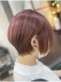 小顔丸みショートヘア/くびれショート/レッドブラウン