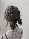 編み込みツインテール 編み込みお団子 リボン