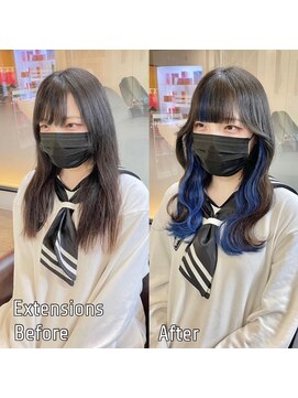 ディア(.eer) 黒髪×シールエクステインナーカラー×ブルーアッシュ/心斎橋