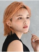 オールバック風ボブ透明感カラーアプリコットオレンジミディアム
