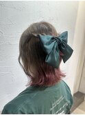 ブリーチミルクティグレージュ×ピンクカラーハーフアップ池袋