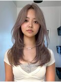 韓国ヘア顔周りレイヤーミルクティーベージュグレージュカラー