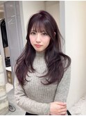 ★丸型逆三角ホワイトグレージュデジタルパーマチェリーブラウン