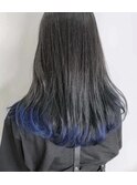 裾カラーディープブルーワンカールレイヤー韓国ヘア顔周り