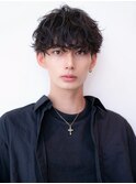 カルマパーマ/マッシュパーマ/アッシュブラック/センターパート