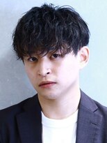 黒髪パーマツーブロックマッシュビジネスショートヘアスーツ