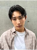 センターパートスパイキーショートフェザーパーマダークアッシュ