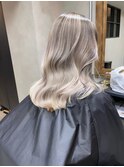 バレイヤージュ、ハイライト、レイヤーロング、グレーベージュ