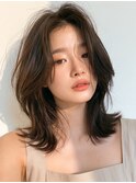 とろみブラウン/マロンカラー/韓国風くびれロング/薄めバング