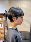 前髪ありぱつボブミニボブベージュカラー
