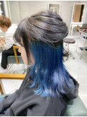 グレージュ×インナーカラーブルー☆ブリーチWカラーボブ