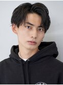 かき上げアップバングビジネスニュアンスショートパーマ