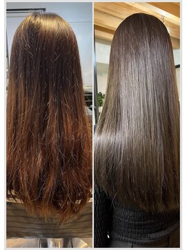 アメイズトーキョー 札幌大通(Amaz! tokyo) くびれレイヤーエモージュ薄めバングアッシュベージュ  縮毛矯正