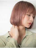 ピンクベージュぱっつん前髪切りっぱなしボブw上尾10代20代30代