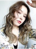 ふわふわロングレイヤー_オリーブカラーハイライトカラー_37424