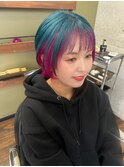 ショートボブ　インナーカラー　ターコイズ　ピンク　にしむら