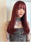 チェリーレッド　小顔　姫カット　レイヤーカット　ストレート