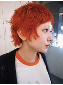 【macana指名】オレンジカラーブリーチベリーショートパーマ登戸