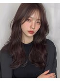 韓国風ワンホン顔周りクビレイヤー/ウェーブロング/暗めブラウン